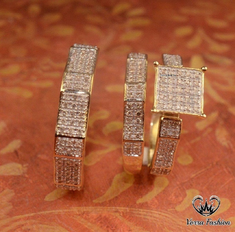 Bridal Trio Ring Set — Round Cut Moissanite, Yellow Gold Finish - view 4