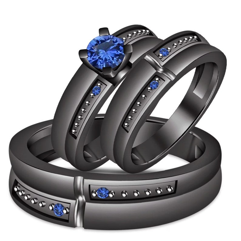 Bridal Trio Ring Set - Blue Sapphire, Black Gold Finish - view 1