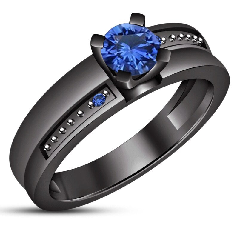 Bridal Trio Ring Set - Blue Sapphire, Black Gold Finish - view 3