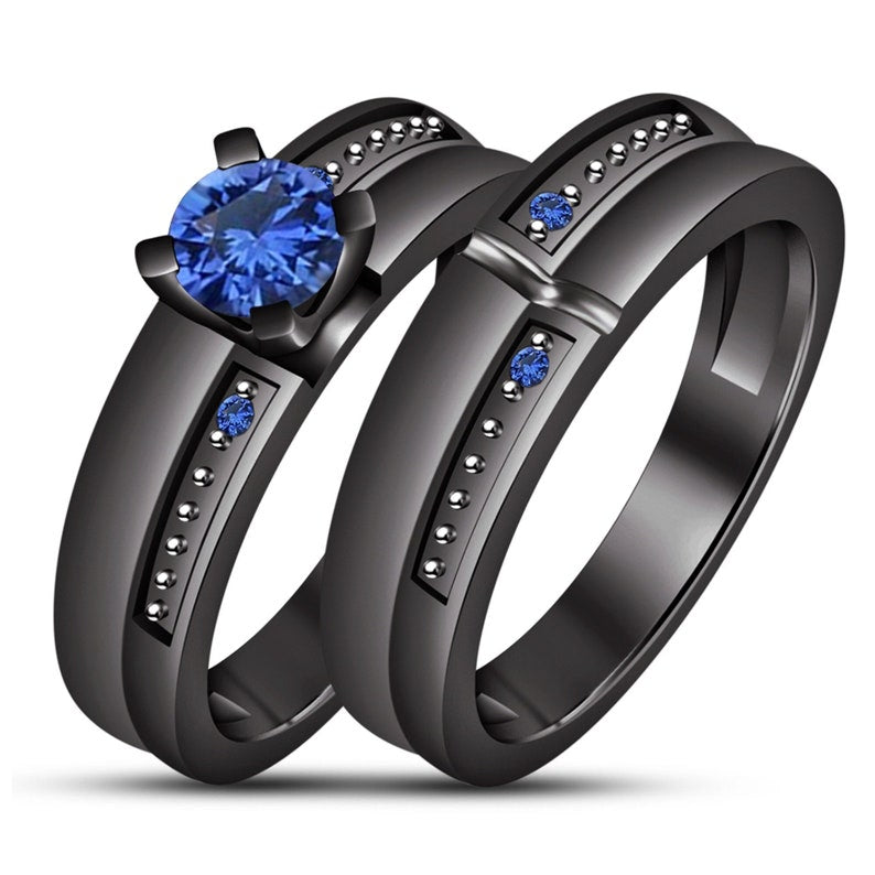Bridal Trio Ring Set - Blue Sapphire, Black Gold Finish - view 2