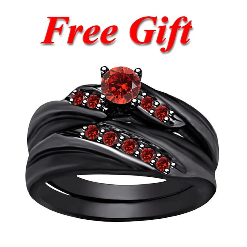Bridal Ring Set — Round Cut Red Garnet, Black Gold Finish, 925 Sterling Silver (2-Piece)