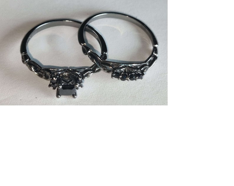 Bridal Trio Ring Set - Black Diamond, Black Gold Finish - view 2