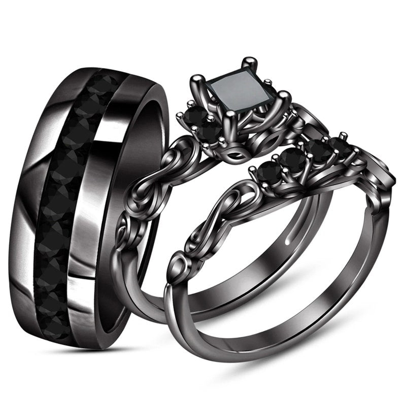 Bridal Trio Ring Set - Black Diamond, Black Gold Finish - view 1
