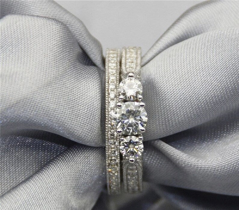 Bridal Ring Set — 3-Stone Past Present Future Moissanite