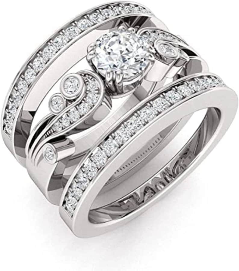 Bridal Trio Ring Set — Round Diamond, White Gold Finish - view 1