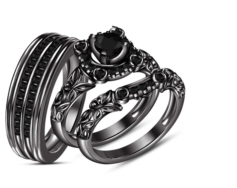 Bridal Trio Ring Set — Black Diamond, Black Gold Finish, 925 Sterling Silver (3-Piece) - view 1