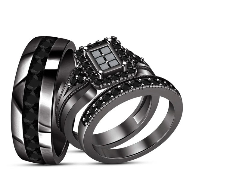 Bridal Trio Ring Set — Black Diamond Princess Cut, Black Gold Finish - view 1