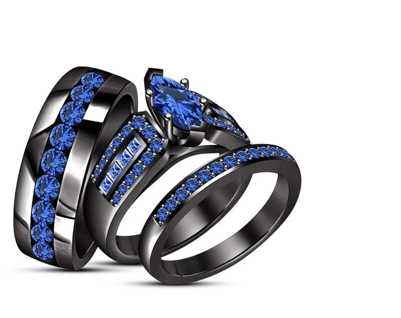 Bridal Trio Ring Set — Marquise Blue Sapphire, Black Gold Finish - view 1