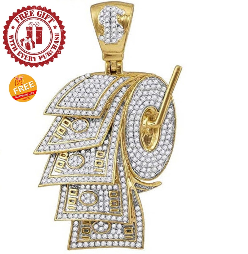Hip Hop Pendant — Money Dollar on Toilet Paper Roll Pendant, Yellow Gold Finish, 925 Sterling Silver