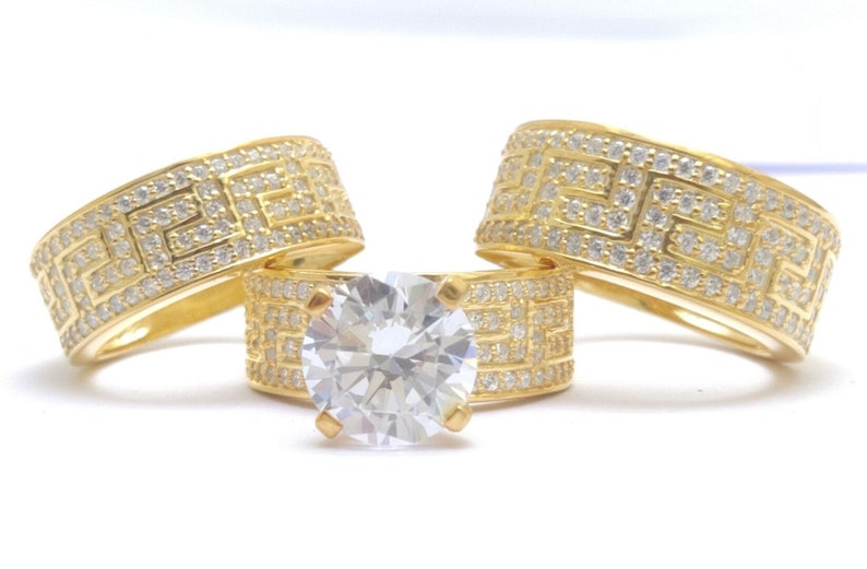 Bridal Trio Ring Set — Round Cut Diamond, Yellow Gold Finish - view 2