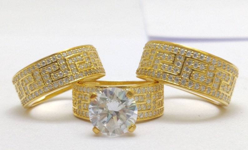 Bridal Trio Ring Set — Round Cut Diamond, Yellow Gold Finish - view 1