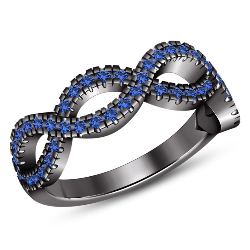 Bridal Ring Set — Round Cut Blue Sapphire, Black Gold Finish, 925 Sterling Silver (2-Piece)