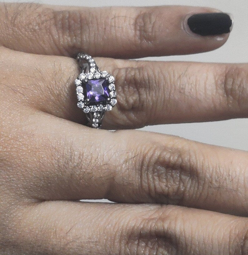 Bridal Ring Set — Princess Cut Amethyst, Black Gold Finish, 925 Sterling Silver (2-Piece)