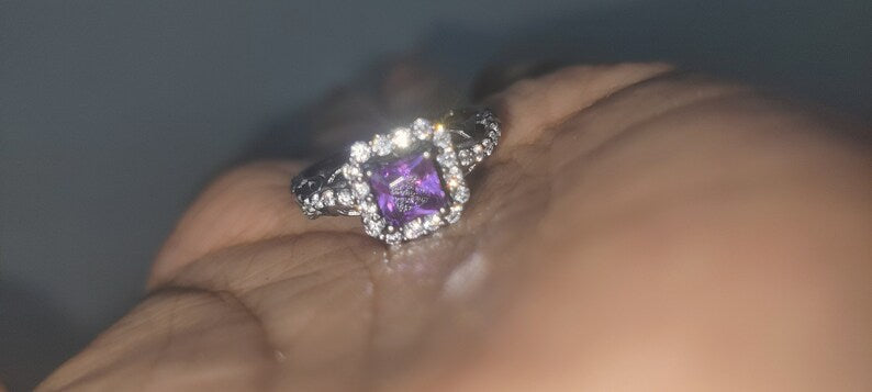 Bridal Ring Set — Princess Cut Amethyst, Black Gold Finish, 925 Sterling Silver (2-Piece)
