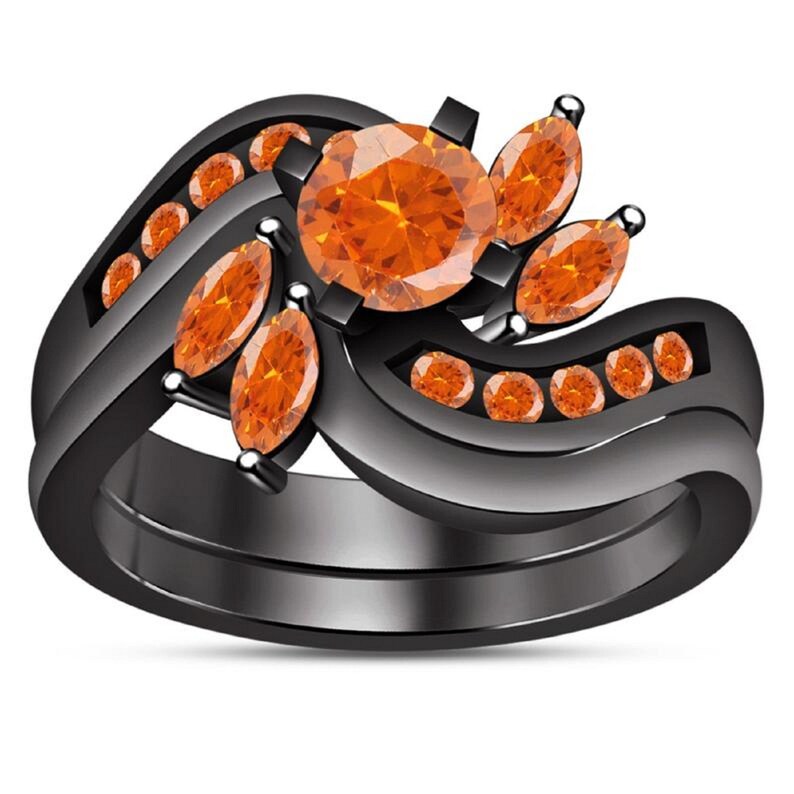 Bridal Ring Set — Marquise & Round Diamond Leaf Design, Black Gold Finish, 925 Sterling Silver (2-Piece)