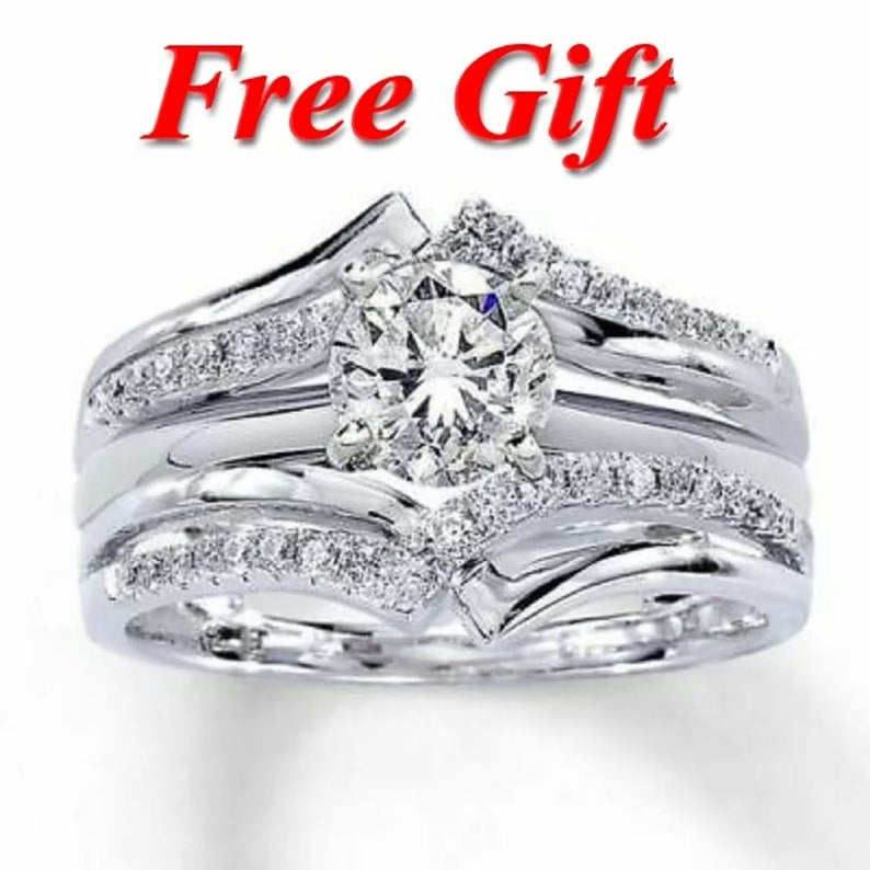 Bridal Ring Set — Round Solitaire Moissanite with Enhancer Wrap, White Gold Finish, 925 Sterling Silver (2-Piece)