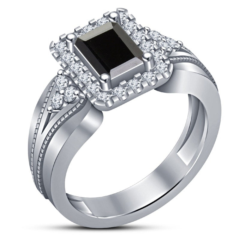 Bridal Ring Set — Solitaire Black Diamond, White Gold Finish, 925 Sterling Silver (2-Piece)