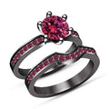 Bridal Ring Set — Round Cut Pink Sapphire, Black Gold Finish, 925 Sterling Silver (2-Piece)