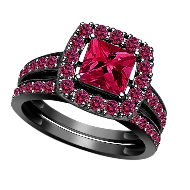 Bridal Ring Set — Princess & Round Cut Pink Sapphire, Black Gold Finish, 925 Sterling Silver (2-Piece)