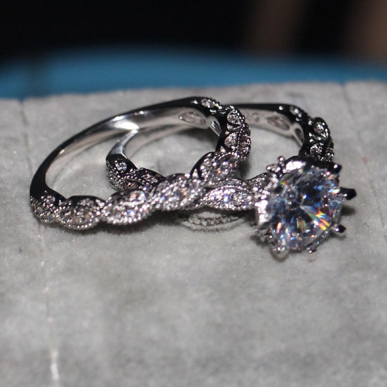 Bridal Ring Set — Round Cut Full Eternity Band, White Gold Finish, 925 Sterling Silver (2-Piece)