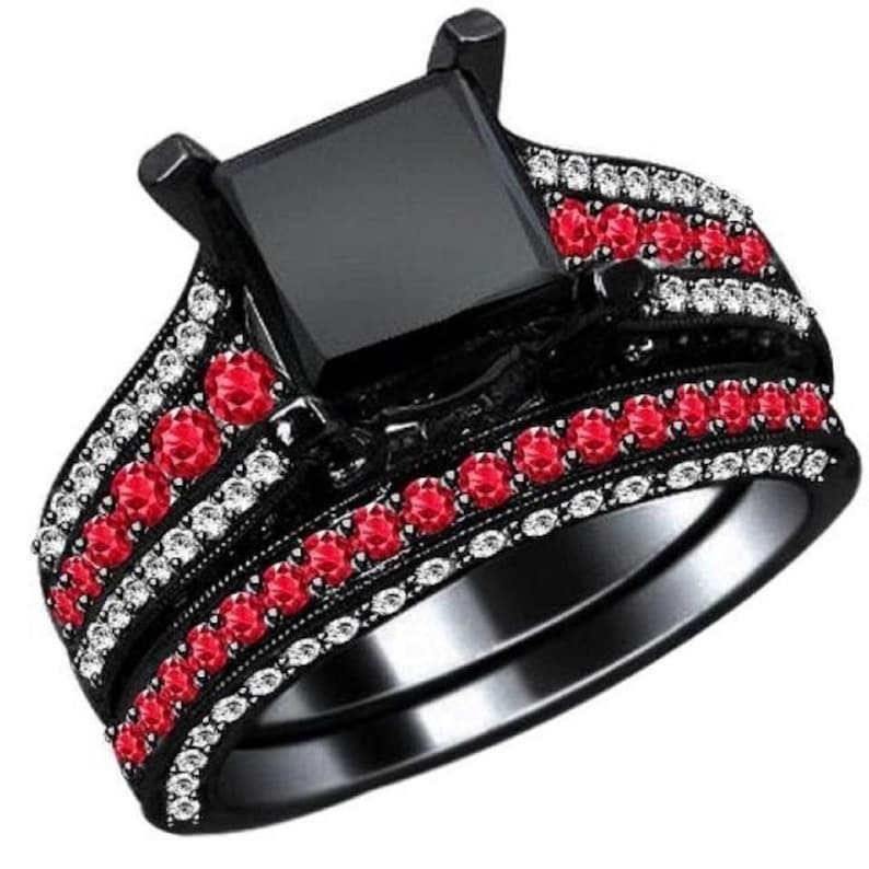 Bridal Ring Set — Princess Cut Red Garnet, Black Gold Finish, 925 Sterling Silver (2-Piece)
