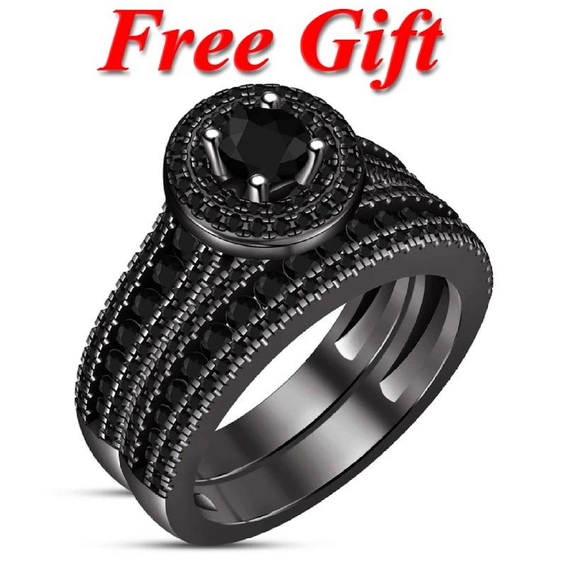 Bridal Ring Set — Black Round Cut Diamond, Black Gold Finish, 925 Sterling Silver (2-Piece)