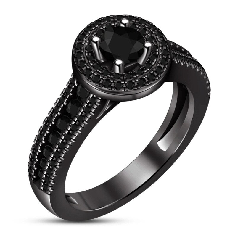 Bridal Ring Set — Black Round Cut Diamond, Black Gold Finish, 925 Sterling Silver (2-Piece)
