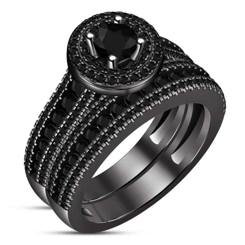 Bridal Ring Set — Black Round Cut Diamond, Black Gold Finish, 925 Sterling Silver (2-Piece)