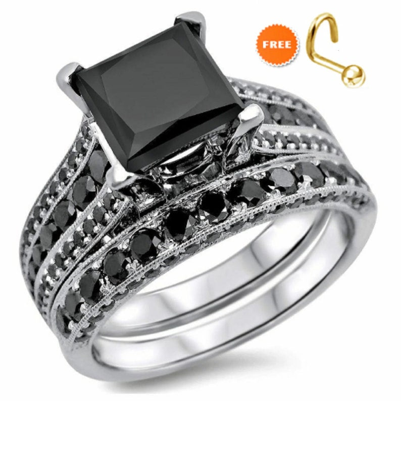 Bridal Ring Set — Princess Cut Solitaire Diamond, White Gold Finish, 925 Sterling Silver (2-Piece)