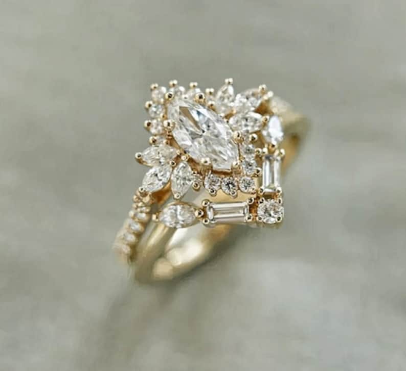 Bridal Ring Set — Marquise Cut Moissanite with Chevron Band, Yellow Gold Finish, 925 Sterling Silver (2-Piece)