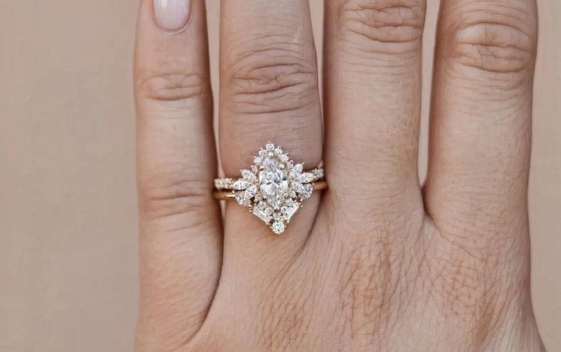 Bridal Ring Set — Marquise Cut Moissanite with Chevron Band, Yellow Gold Finish, 925 Sterling Silver (2-Piece)