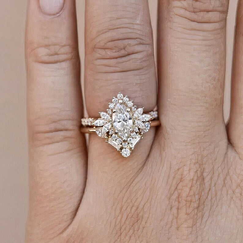 Bridal Ring Set — Marquise Cut Moissanite with Chevron Band, Yellow Gold Finish, 925 Sterling Silver (2-Piece)