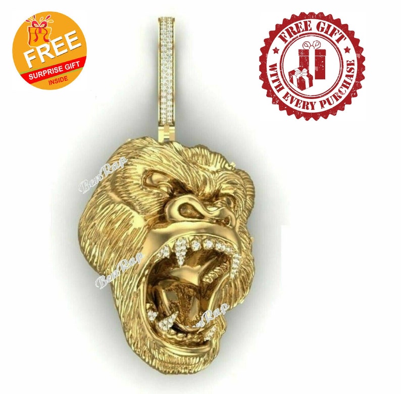 Hip Hop Pendant — Roaring Gorilla Head, Yellow Gold Finish, 925 Sterling Silver