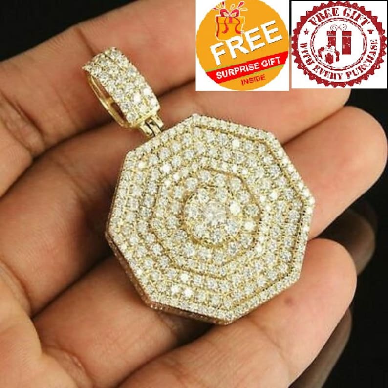 Hip Hop Pendant — Octagon Pendant, Yellow Gold Finish, 925 Sterling Silver