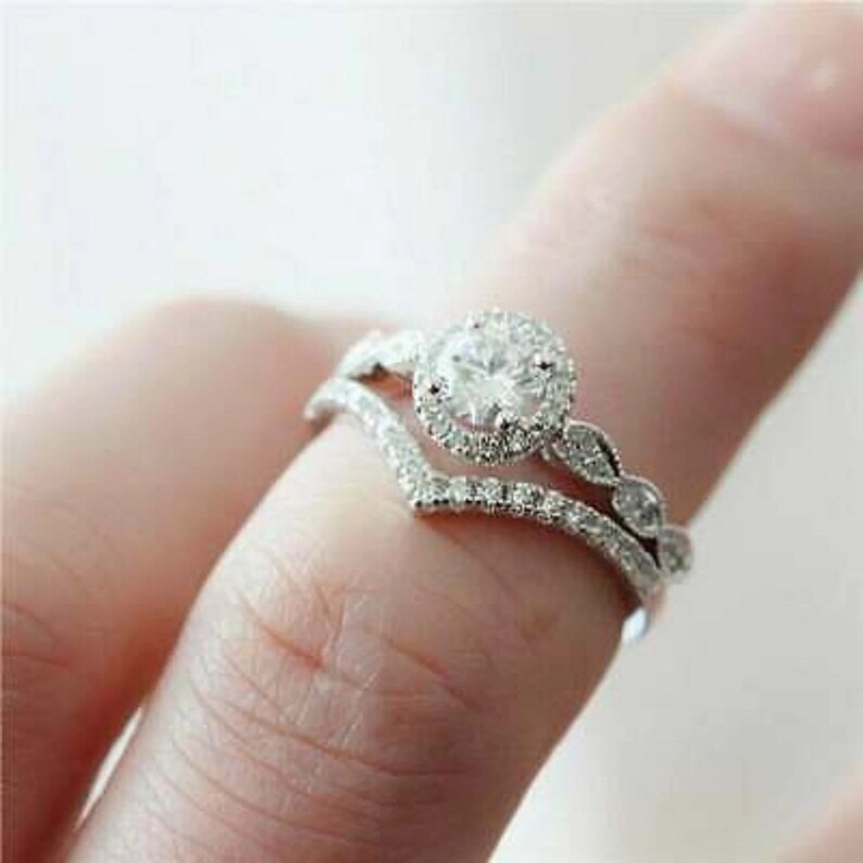 Bridal Ring Set — Round Cut Halo Diamond, White Gold Finish, 925 Sterling Silver (2-Piece)