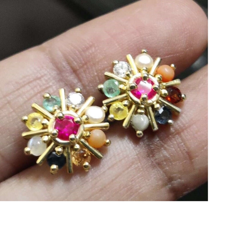 Stud Earrings — Navratna Nine Gemstone, Yellow Gold Finish, 925 Sterling Silver