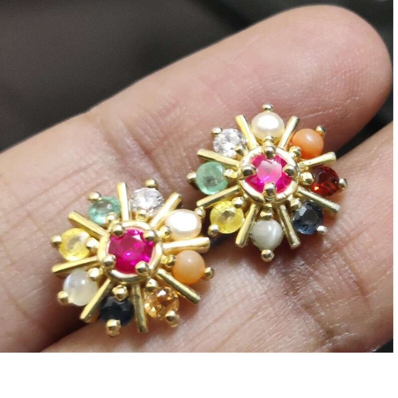 Stud Earrings — Navratna Nine Gemstone, Yellow Gold Finish, 925 Sterling Silver