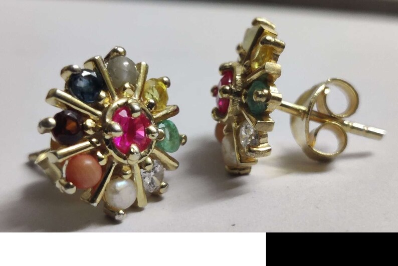 Stud Earrings — Navratna Nine Gemstone, Yellow Gold Finish, 925 Sterling Silver