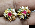 Stud Earrings — Navratna Nine Gemstone, Yellow Gold Finish, 925 Sterling Silver