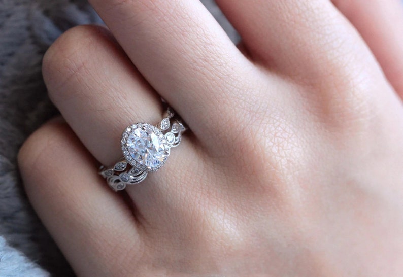 Bridal Ring Set — Oval Cut Moissanite, White Gold Finish, 925 Sterling Silver (2-Piece)
