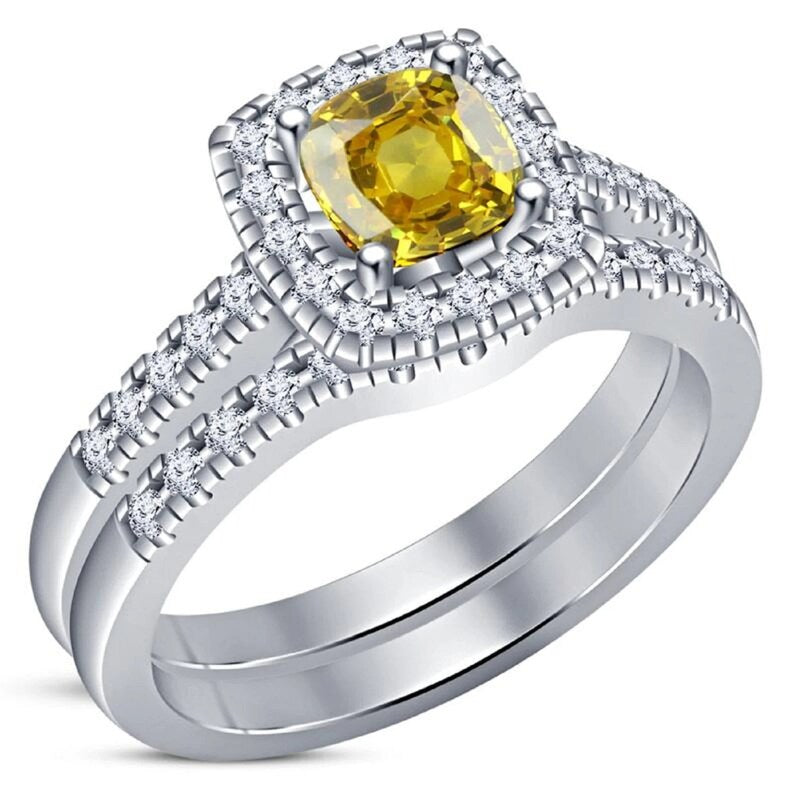 Bridal Ring Set — Cushion Cut White Moissanite, White Gold Finish, 925 Sterling Silver (2-Piece)