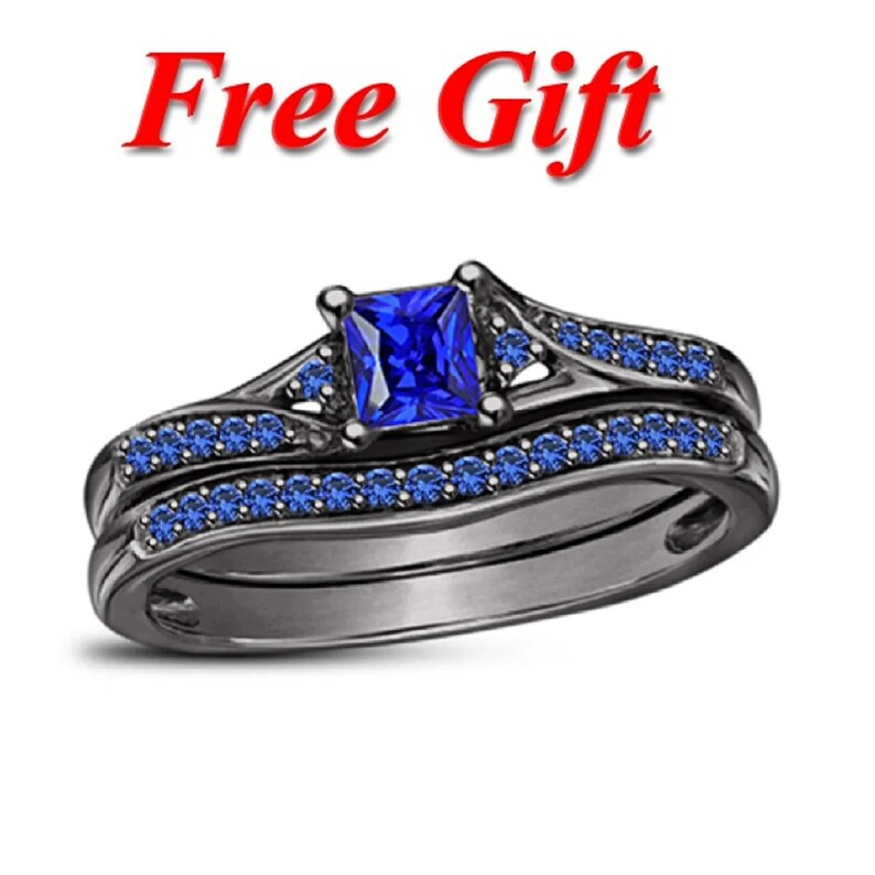 Bridal Ring Set — Blue Sapphire, Black Gold Finish, 925 Sterling Silver (2-Piece)
