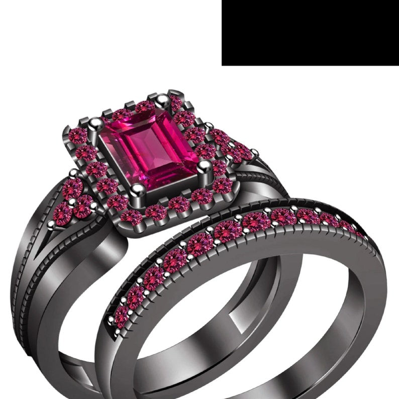 Bridal Ring Set — Pink Sapphire Emerald Cut