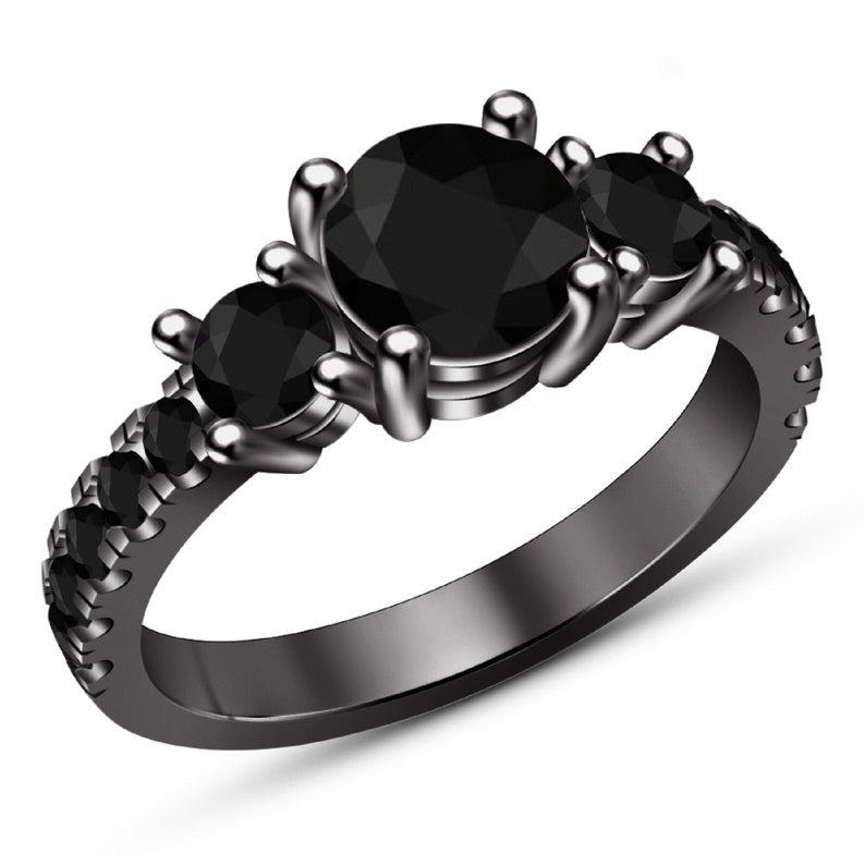 Bridal Ring Set — Round Cut Black Diamond, Yellow Gold Finish, 925 Sterling Silver (2-Piece)