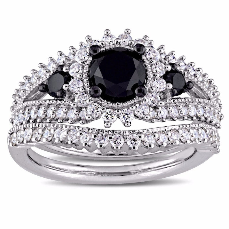 Bridal Ring Set — 1.87 Carat Round Cut Black Diamond, White Gold Finish, 925 Sterling Silver (2-Piece)