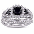 Bridal Ring Set — 1.87 Carat Round Cut Black Diamond, White Gold Finish, 925 Sterling Silver (2-Piece)