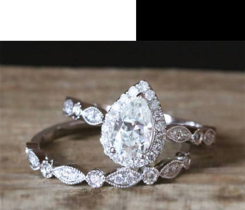 Bridal Ring Set — Round & Pear Moissanite Halo, White Gold Finish, 925 Sterling Silver (2-Piece)
