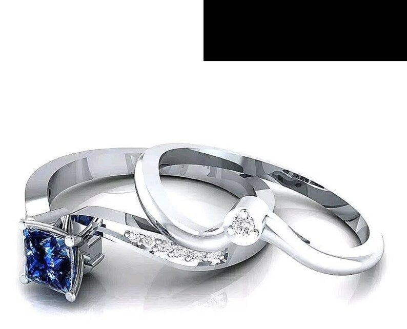 Bridal Ring Set — Princess Cut Blue Sapphire Square, White Gold Finish, 925 Sterling Silver (2-Piece)