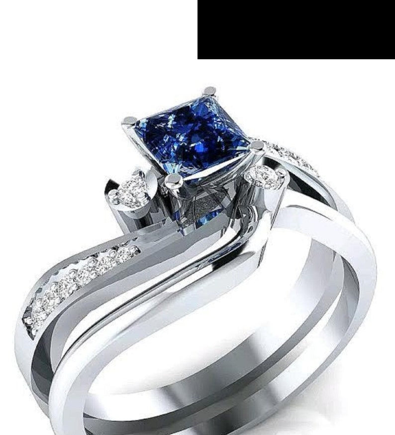 Bridal Ring Set — Princess Cut Blue Sapphire Square, White Gold Finish, 925 Sterling Silver (2-Piece)