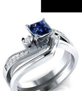 Bridal Ring Set — Princess Cut Blue Sapphire Square, White Gold Finish, 925 Sterling Silver (2-Piece)